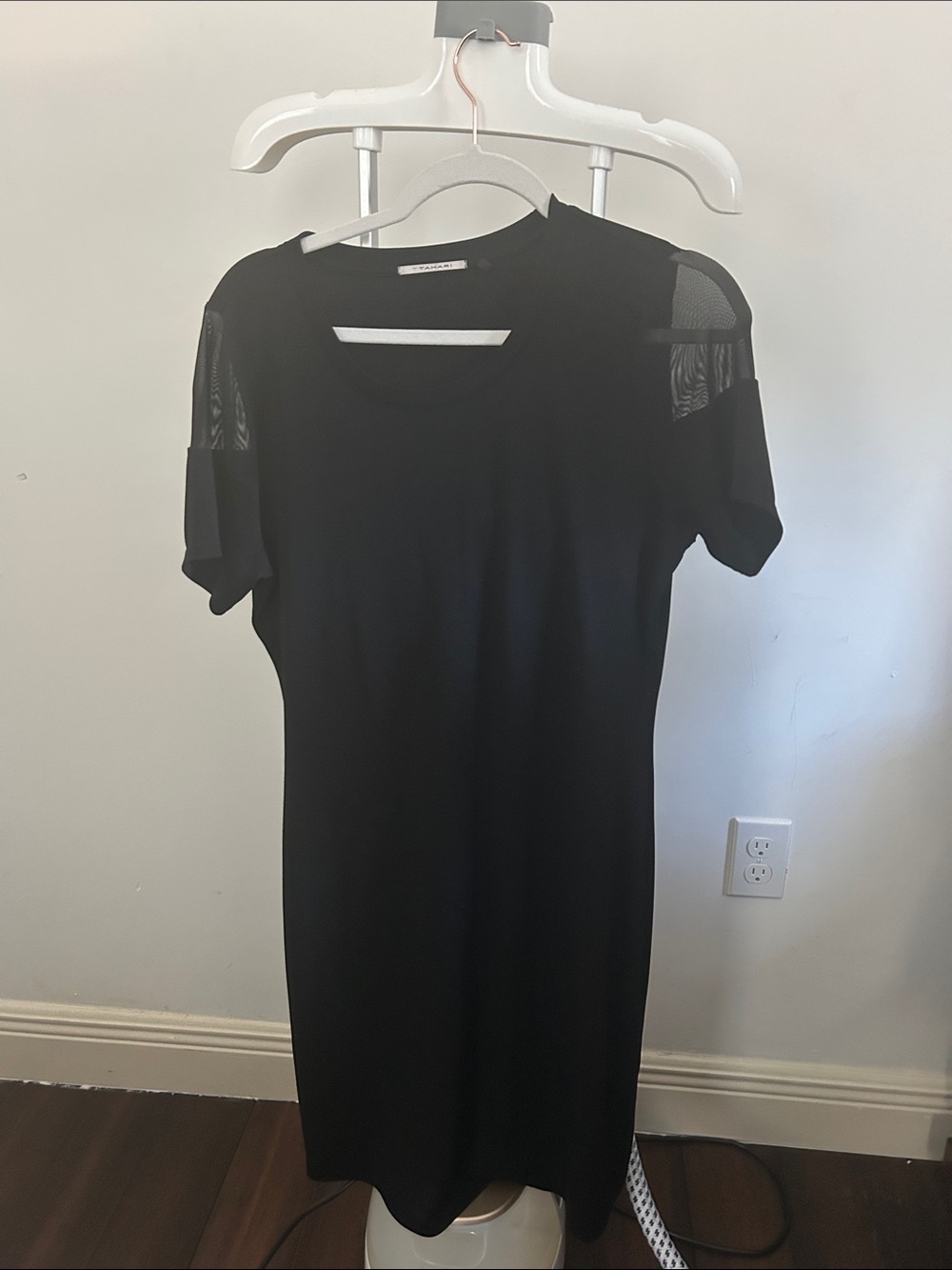 T Tahari Black Short Sleeve Dress with Mesh Shoulder Insets